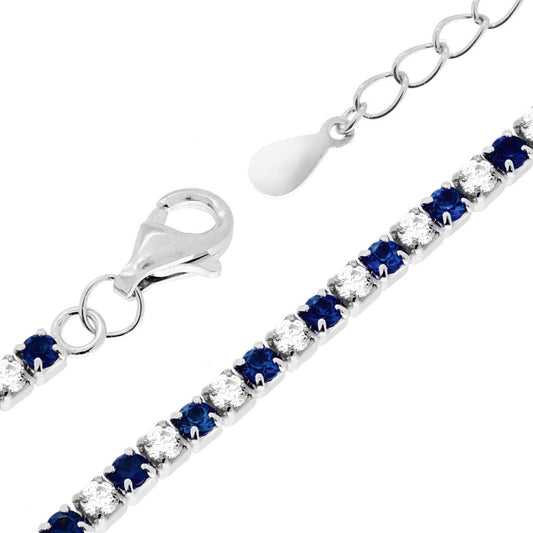 Bracciale Tennis cm 17+3 con Zirconi mm 2 Bianchi e Blu Zaffiro alternati in ARGENTO 925 Galvanica Rodio