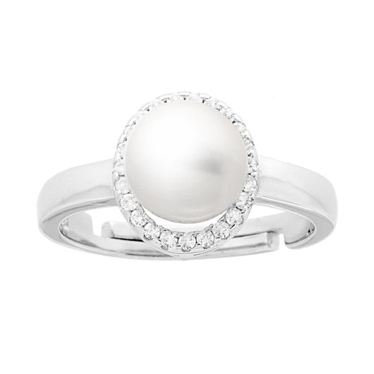Anello con Perla contornata da Cubic Zirconia Bianchi in ARGENTO 925 Galvanica Rodio