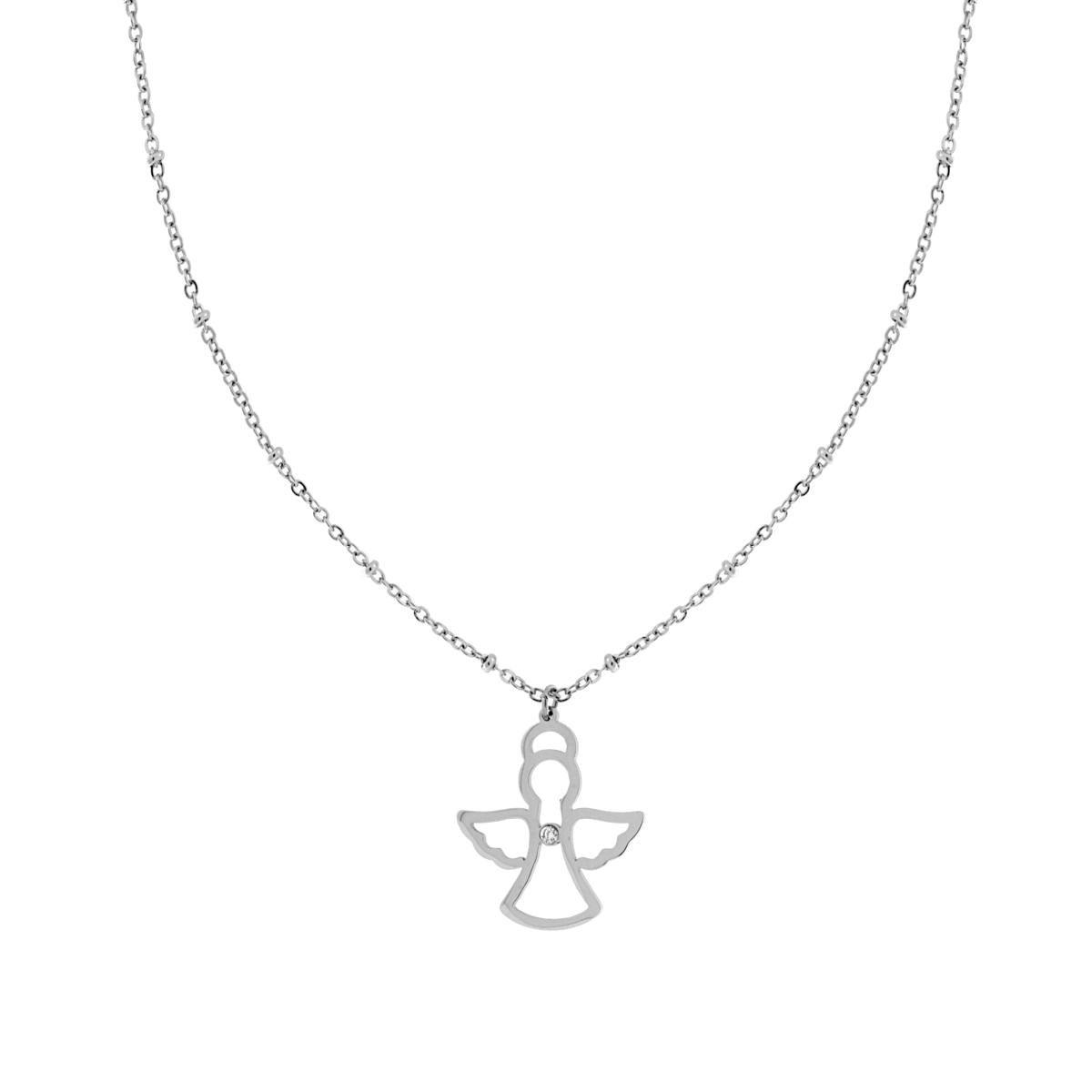 Collana Catena Forzatina Diamantata con Angelo e Crystal Bianco in ACCIAIO