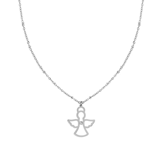 Collana Catena Forzatina Diamantata con Angelo e Crystal Bianco in ACCIAIO