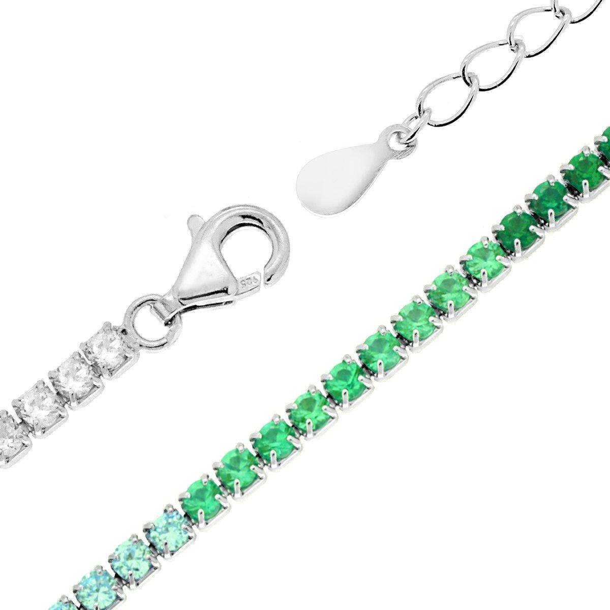 Bracciale Tennis Griffe cm 17+3 con Zirconi mm 2 Multicolor gradazione Verde Smeraldo in ARGENTO 925 Galvanica Rodio