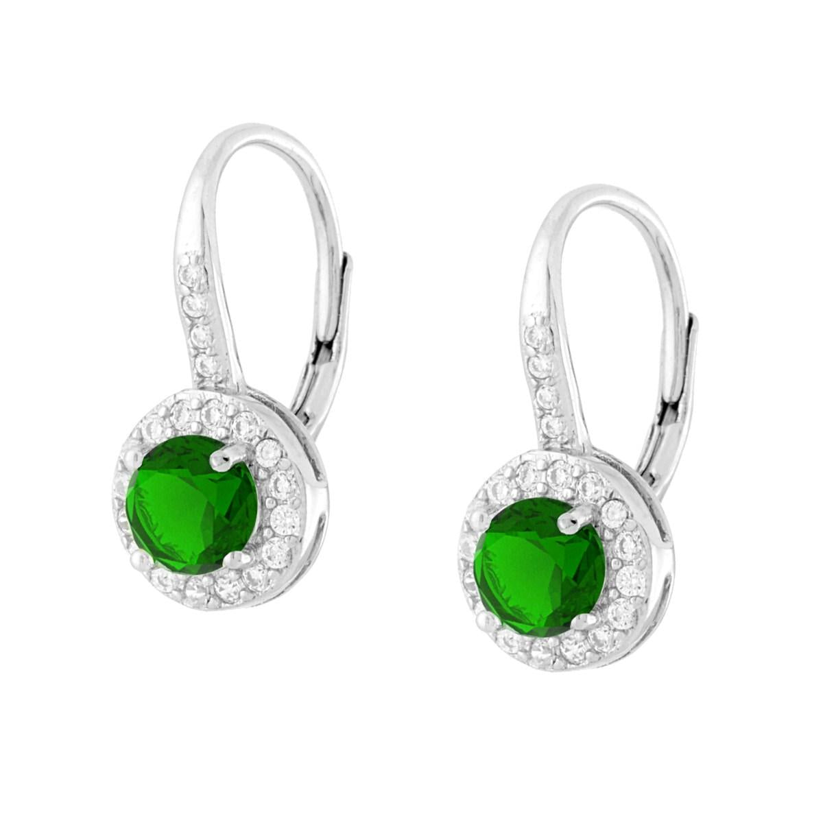 Orecchini Monachella Tondo Verde Smeraldo con Cubic Zirconia Bianchi in ARGENTO 925 Galvanica Rodio
