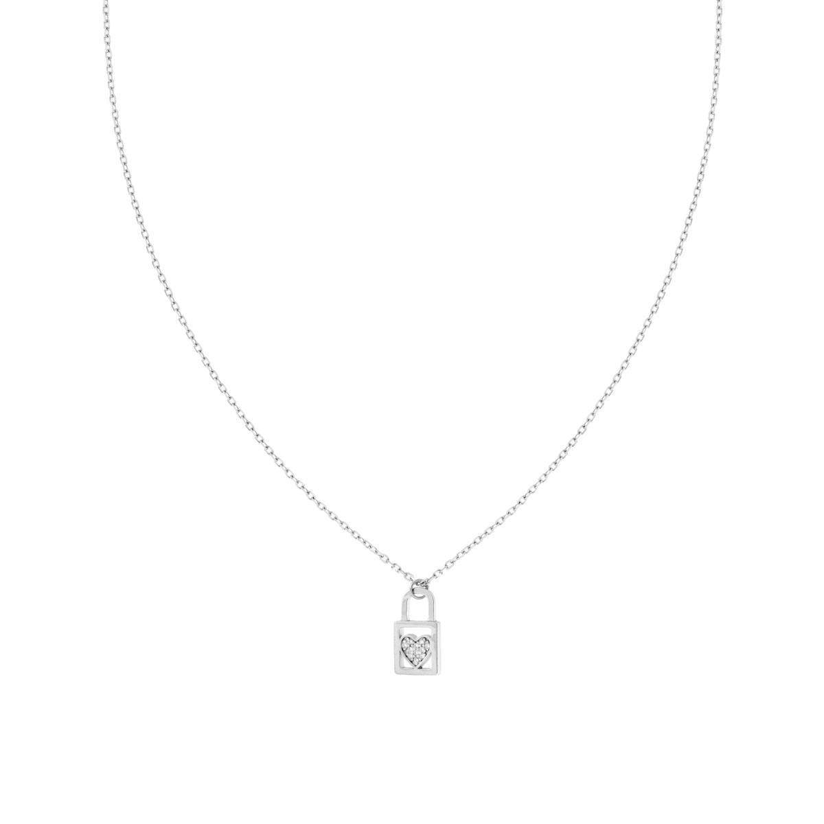 Collana Catena Forzatina Diamantata con Lucchetto e Cuore con Cubic Zirconia Bianchi in ARGENTO 925 Galvanica Rodio