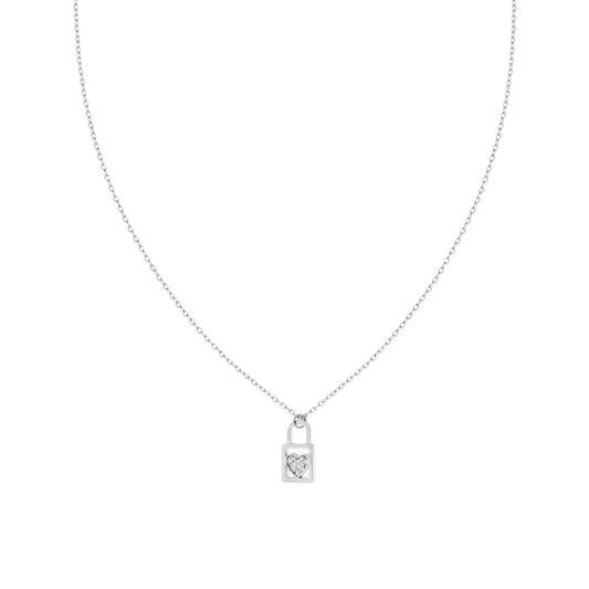 Collana Catena Forzatina Diamantata con Lucchetto e Cuore con Cubic Zirconia Bianchi in ARGENTO 925 Galvanica Rodio
