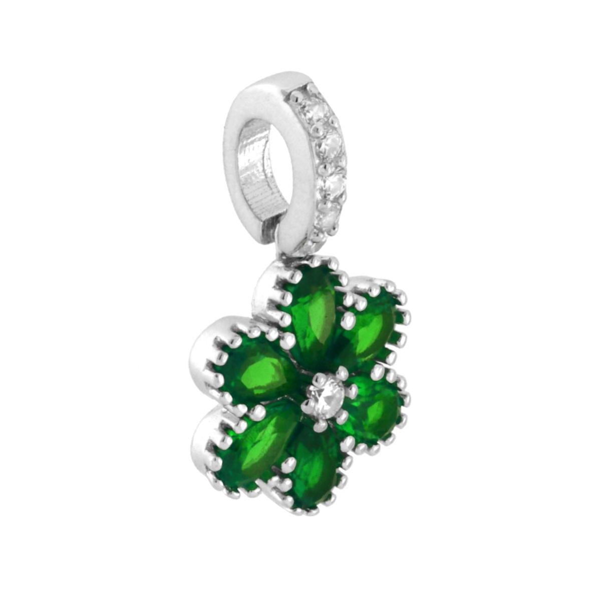 Ciondolo a forma di fiore con petali cubic zirconia goccia colore Verde Smeraldo  incastonati, contromaglia con cubic zirconi bianchi incastonati.