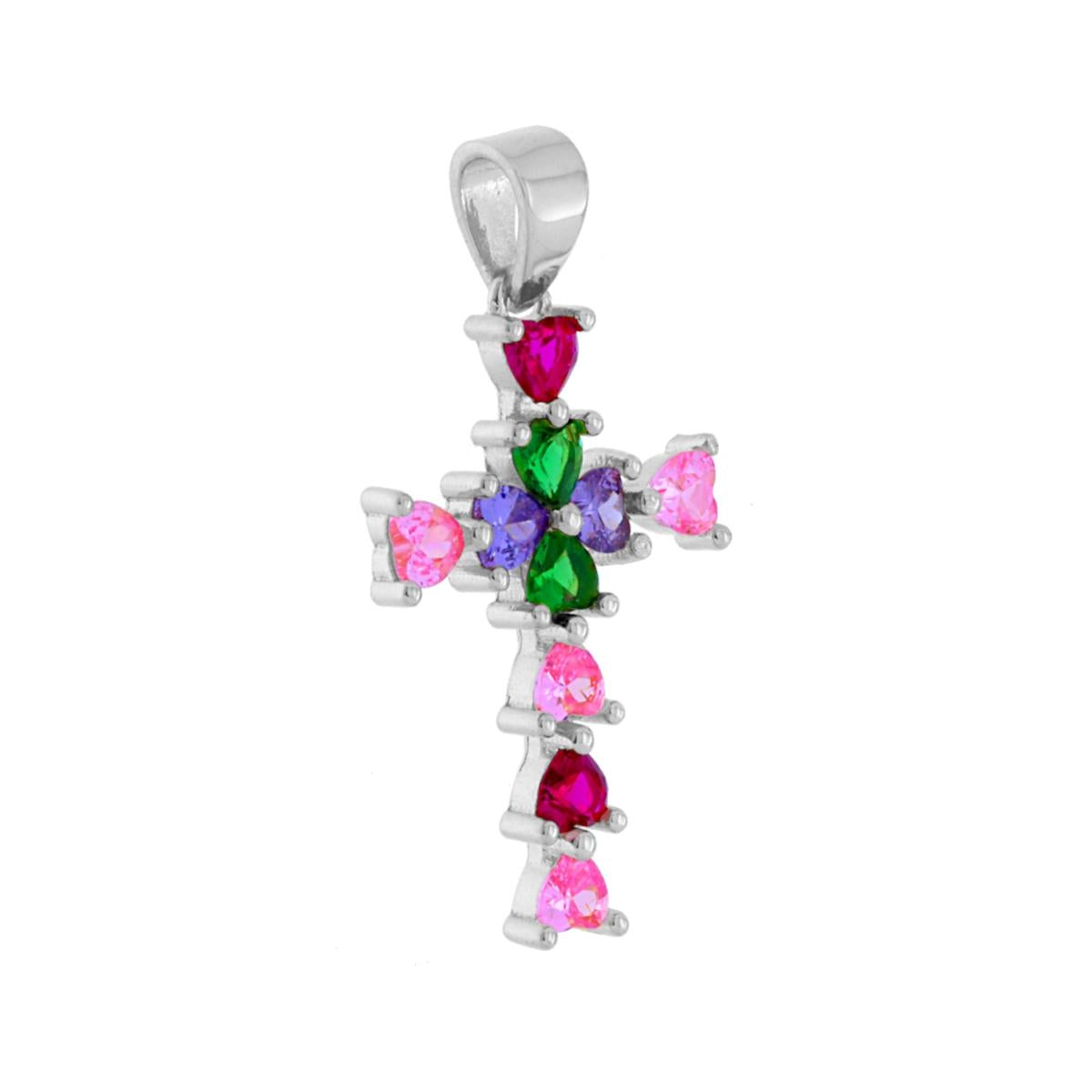 Ciondolo a forma di croce con cubic zirconia Multicolor a forma di cuore montati su 3 Griffe.