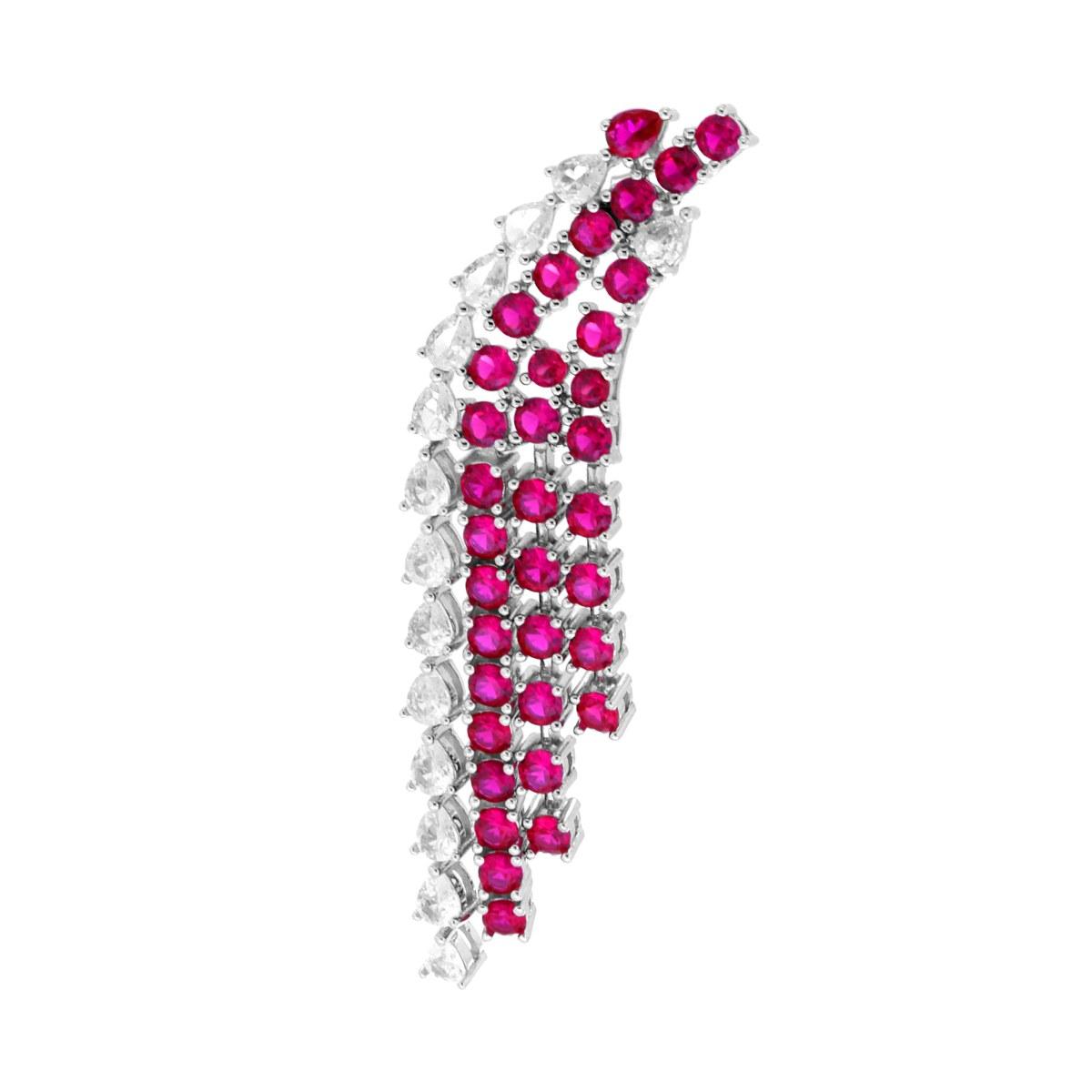 Orecchino Lungo Chandelier quattro fili degrade Tennis con Cubic Zirconia Rosso Rubino e Bianco in ARGENTO 925 Galvanica Rodio