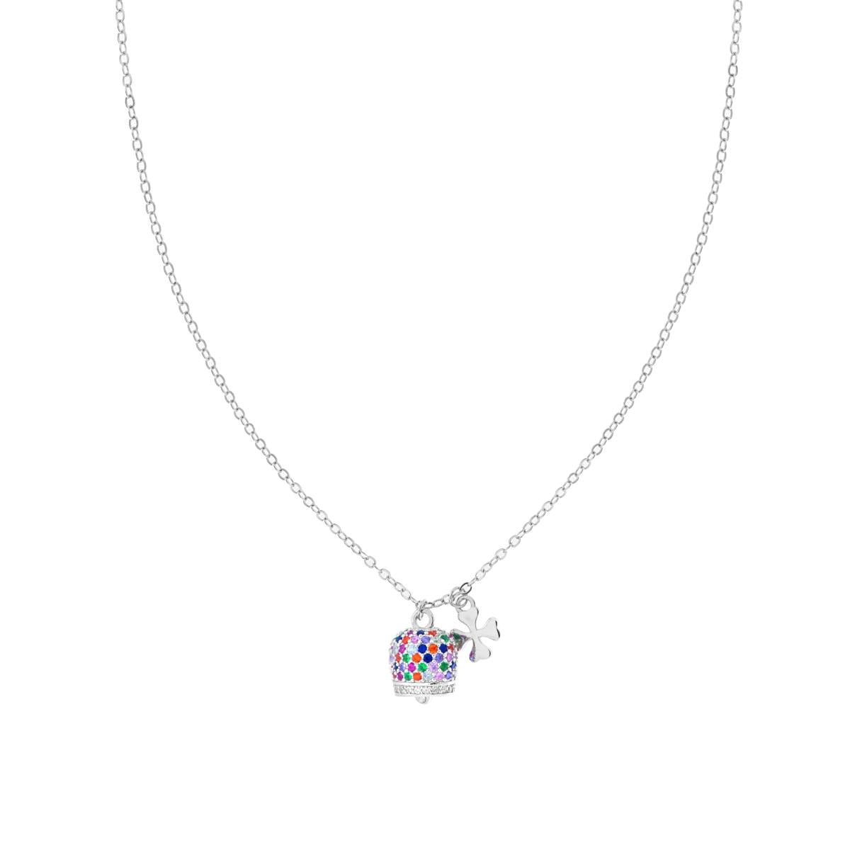 Collana Catena Forzatina Diamantata con Campanella con Cubic Zirconia Multicolor e Quadrifoglio in ARGENTO 925 Galvanica Rodio