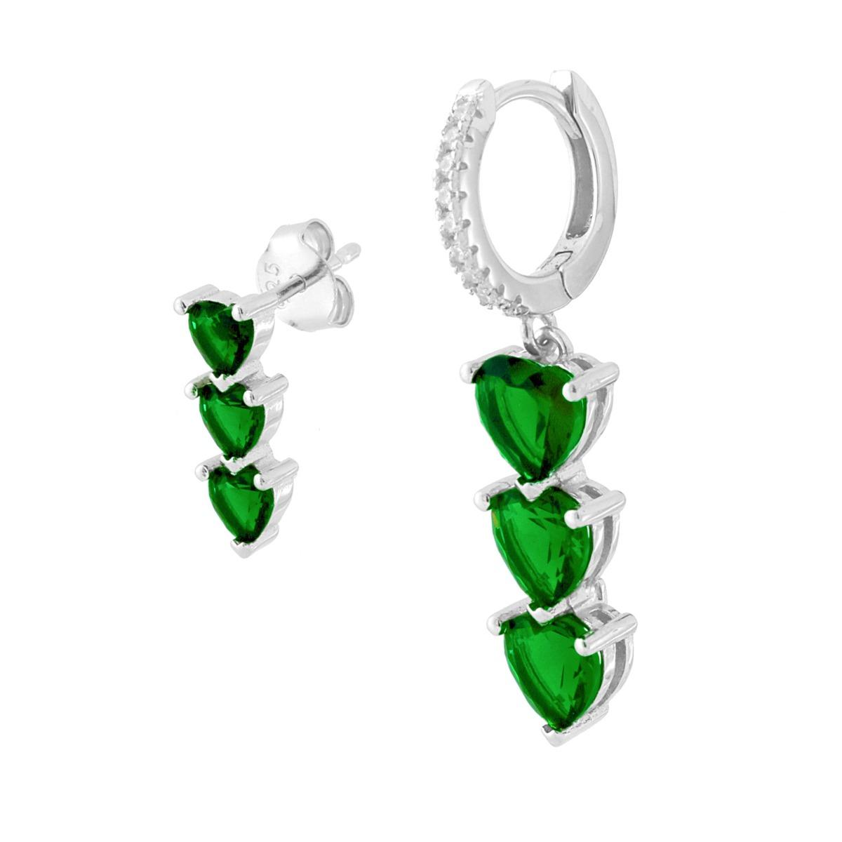 Orecchini Asimmetrici Cerchio scattino con Trilogy Cuori Cubic Zirconia Verde Smeraldo in ARGENTO 925 Galvanica Rodio