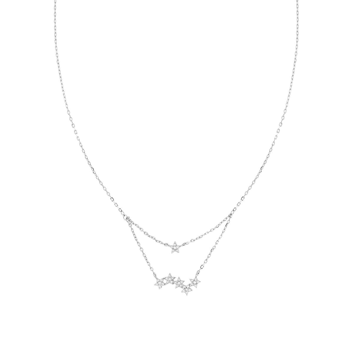 Collana Catena Forzatina Diamantata Sdoppiata con Stelle e Cubic Zirconia Bianchi in ARGENTO 925 Galvanica Rodio