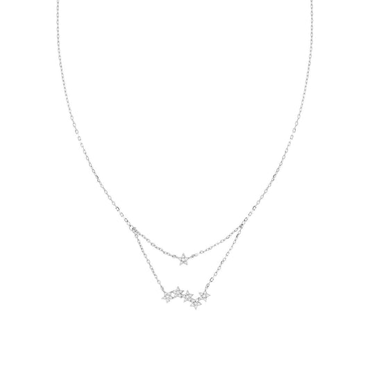 Collana Catena Forzatina Diamantata Sdoppiata con Stelle e Cubic Zirconia Bianchi in ARGENTO 925 Galvanica Rodio