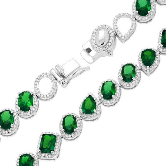 Bracciale Tennis Griffe cm 18 con Gocce Ovali e Rettangoli Verde Smeraldo contornati con Cubic Zirconia Bianchi in ARGENTO 925 Galvanica Rodio