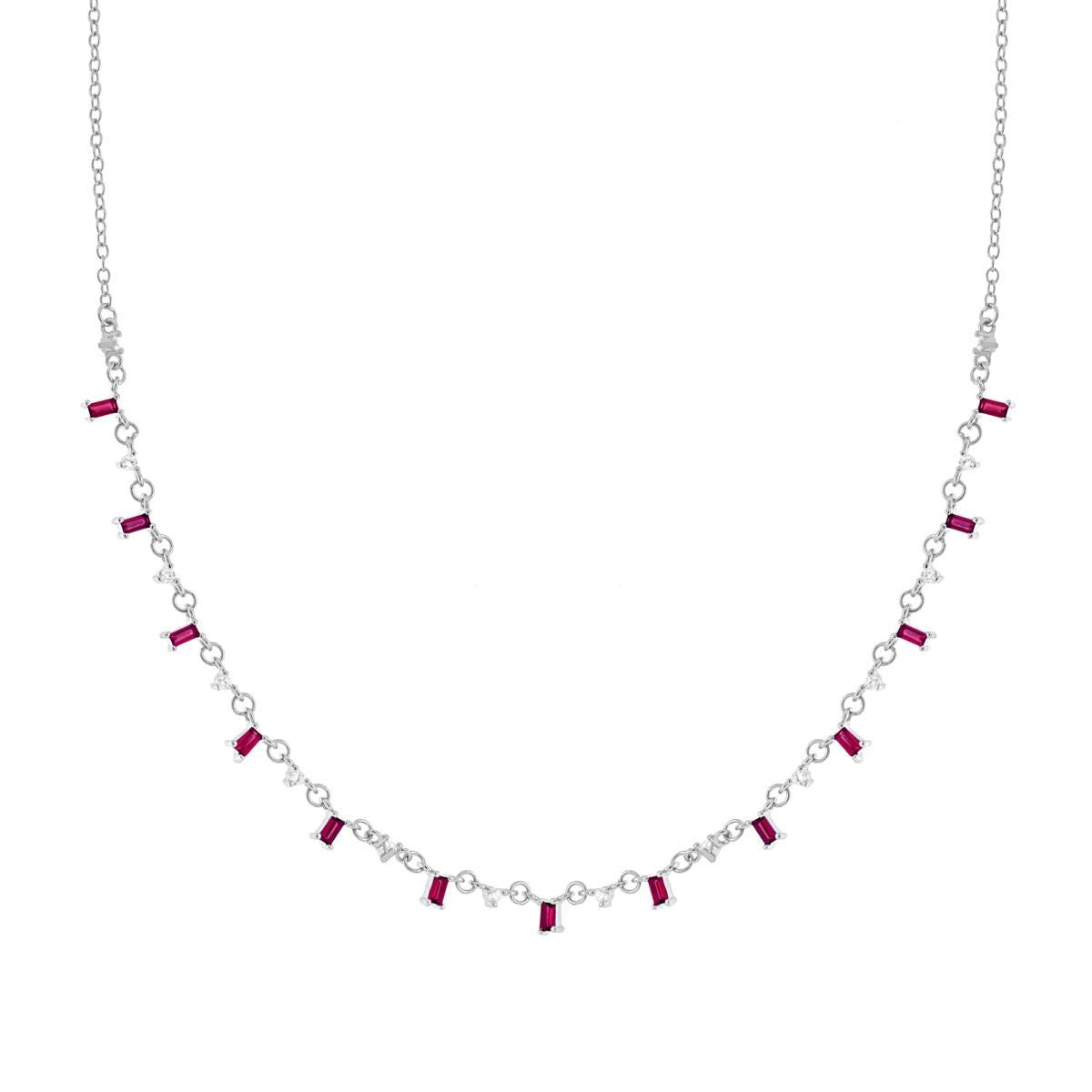 Collana Catena Forzatina Diamantata con Cubic Zirconia Baguette Rosso Rubino e Punti Luce Bianchi pendenti in ARGENTO 925 Galvanica Rodio