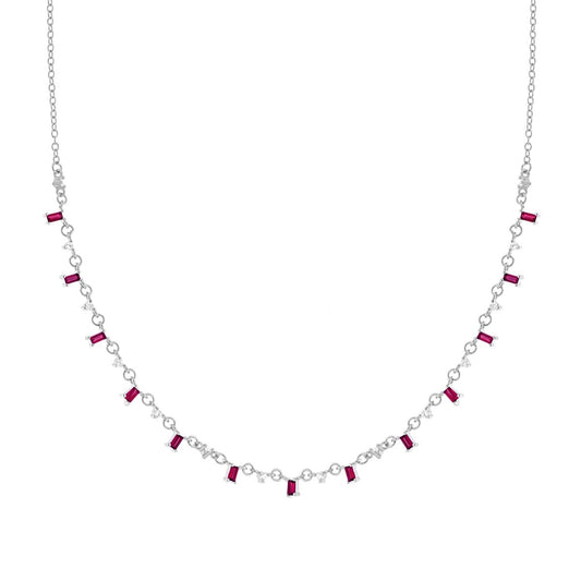 Collana Catena Forzatina Diamantata con Cubic Zirconia Baguette Rosso Rubino e Punti Luce Bianchi pendenti in ARGENTO 925 Galvanica Rodio