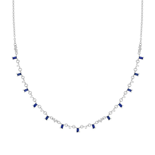Collana Catena Forzatina Diamantata con Cubic Zirconia Baguette Blu Zaffiro e Punti Luce Bianchi pendenti in ARGENTO 925 Galvanica Rodio