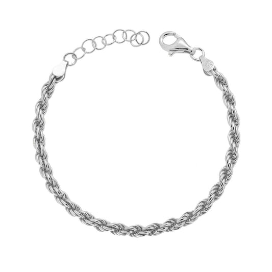 Bracciale Catena Corda 080 sezione mm 4,00 lunghezza cm 16+3 in ARGENTO 925 Galvanica Rodio