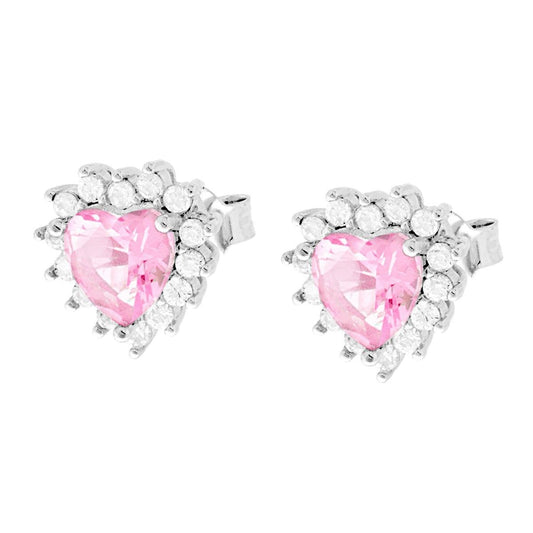 Orecchini Cuore Rosa contornato da Cubic Zirconia Bianchi in ARGENTO 925 Galvanica Rodio