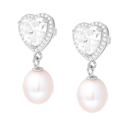 Orecchini Cuore Bianco contornato da Cubic Zirconia Bianchi e Perla di Fiume pendente in ARGENTO 925 Galvanica Rodio