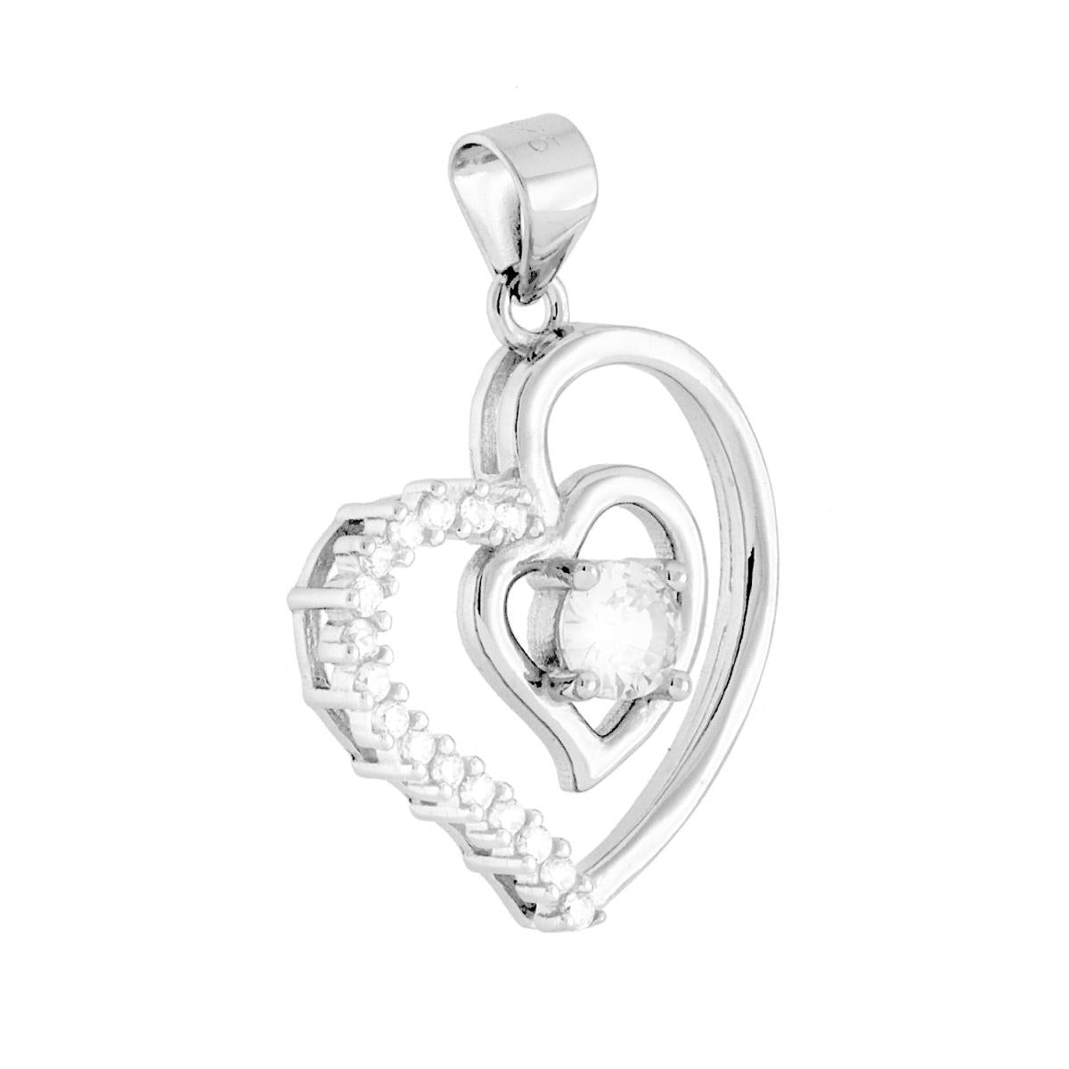 Ciondolo a forma di cuore con finitura lucida con accessorio punto luce bianco e cubic zirconia colore bianco incastonati.<BR>