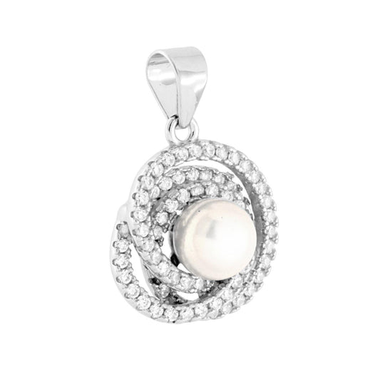 Ciondolo di forma tonda con vortice di cubic zirconia bianchi incastonati, con accessorio centrale perla bianca di fiume.<BR>Avvertenze: Dato la naturalezza della perla potrebbe non essere identica nella forma e nel colore.<BR>