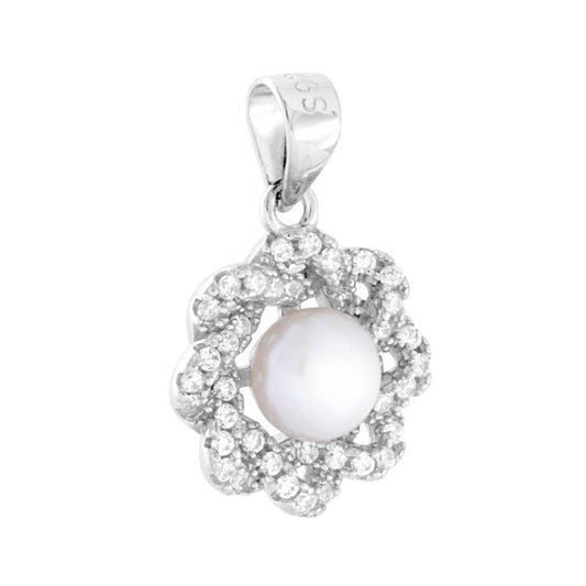 Ciondolo di forma tonda con treccia di cubic zirconia bianchi incastonati, con accessorio centrale perla bianca di fiume.<BR>Avvertenze: Dato la naturalezza della perla potrebbe non essere identica nella forma e nel colore.<BR>
