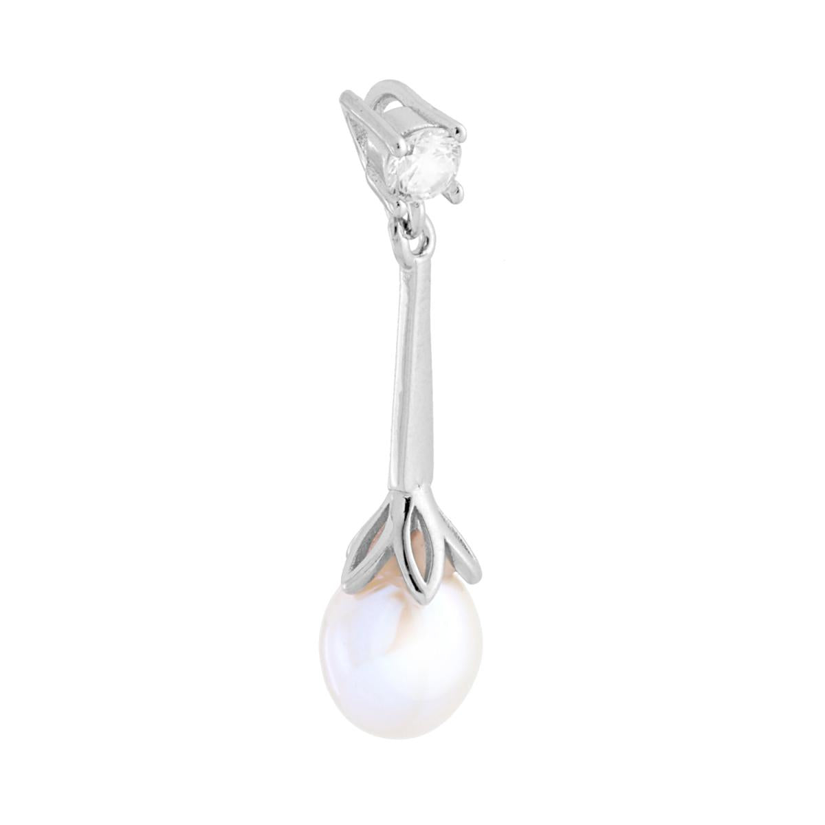 Ciondolo con punto luce cubic zirconia bianco montato su 4 Griffe con accessorio pendente barretta con perla di fiume bianca incastonata in un fiore.<BR>Avvertenze: Dato la naturalezza della perla potrebbe non essere identica nella forma e nel colore.<BR>