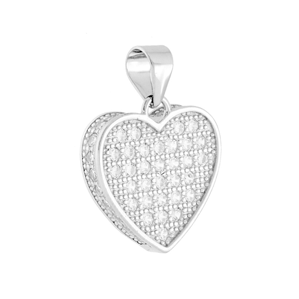 Ciondolo a forma di cuore con cubic zirconia colore bianco incastonati frontalmente e lateralmente con lavorazione pavč.