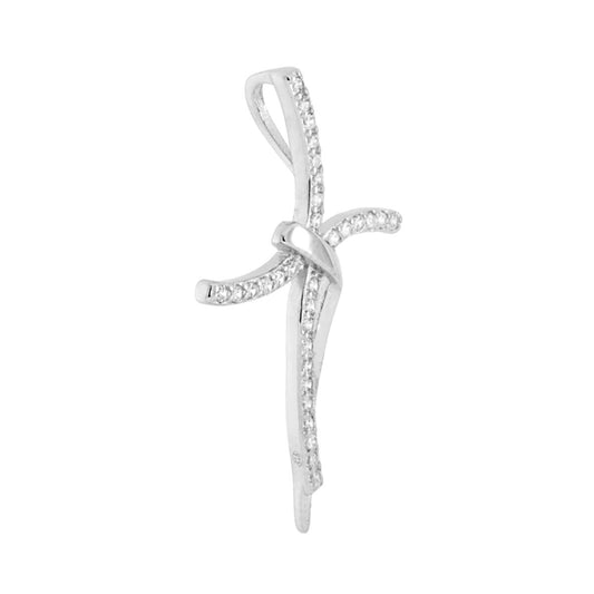 Ciondolo a forma di croce composta da nastri con passante per catena e cubic zirconia colore bianco incastonati.<BR>