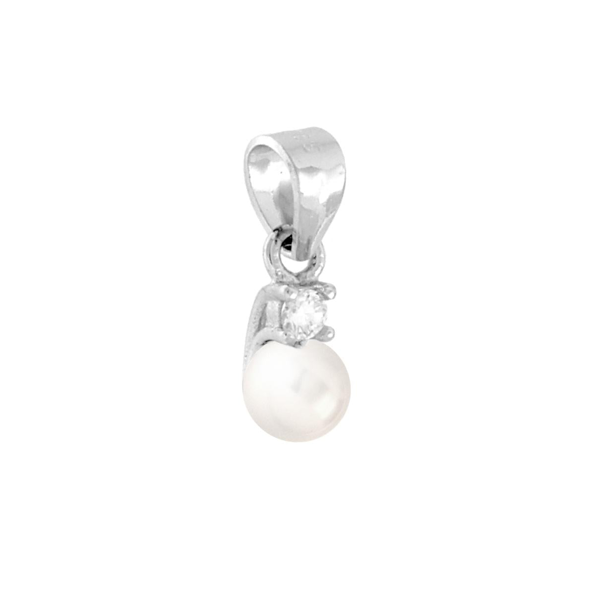 Ciondolo Perla in vetro perlato colore Bianco con Punto Luce cubic Zirconia Bianco con montatura 4 Griffe.<BR>