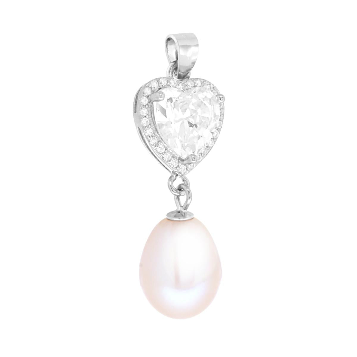 Ciondolo a forma di cuore cubic zirconia bianco con cubic zirconia bianchi incastonati intorno, con accessorio perla di fiume allungata.<BR>Avvertenze: Dato la naturalezza della perla potrebbe non essere identica nella forma e nel colore.