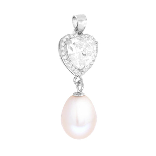 Ciondolo a forma di cuore cubic zirconia bianco con cubic zirconia bianchi incastonati intorno, con accessorio perla di fiume allungata.<BR>Avvertenze: Dato la naturalezza della perla potrebbe non essere identica nella forma e nel colore.