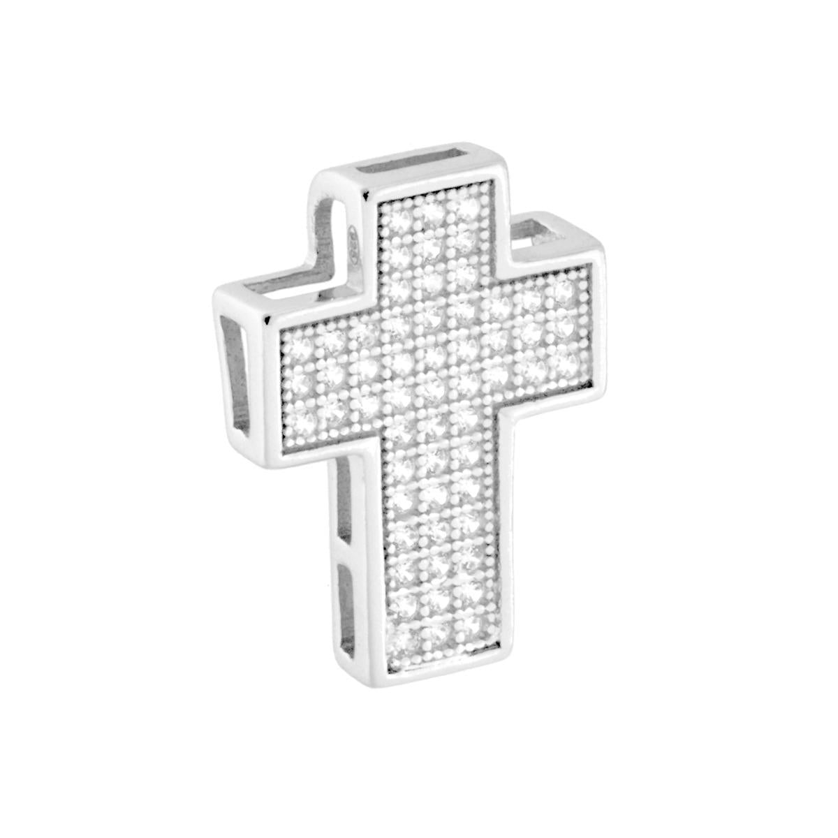 Ciondolo con passante per catena a forma di croce con cubic zirconia bianchi incastonati con lavorazione pavč.