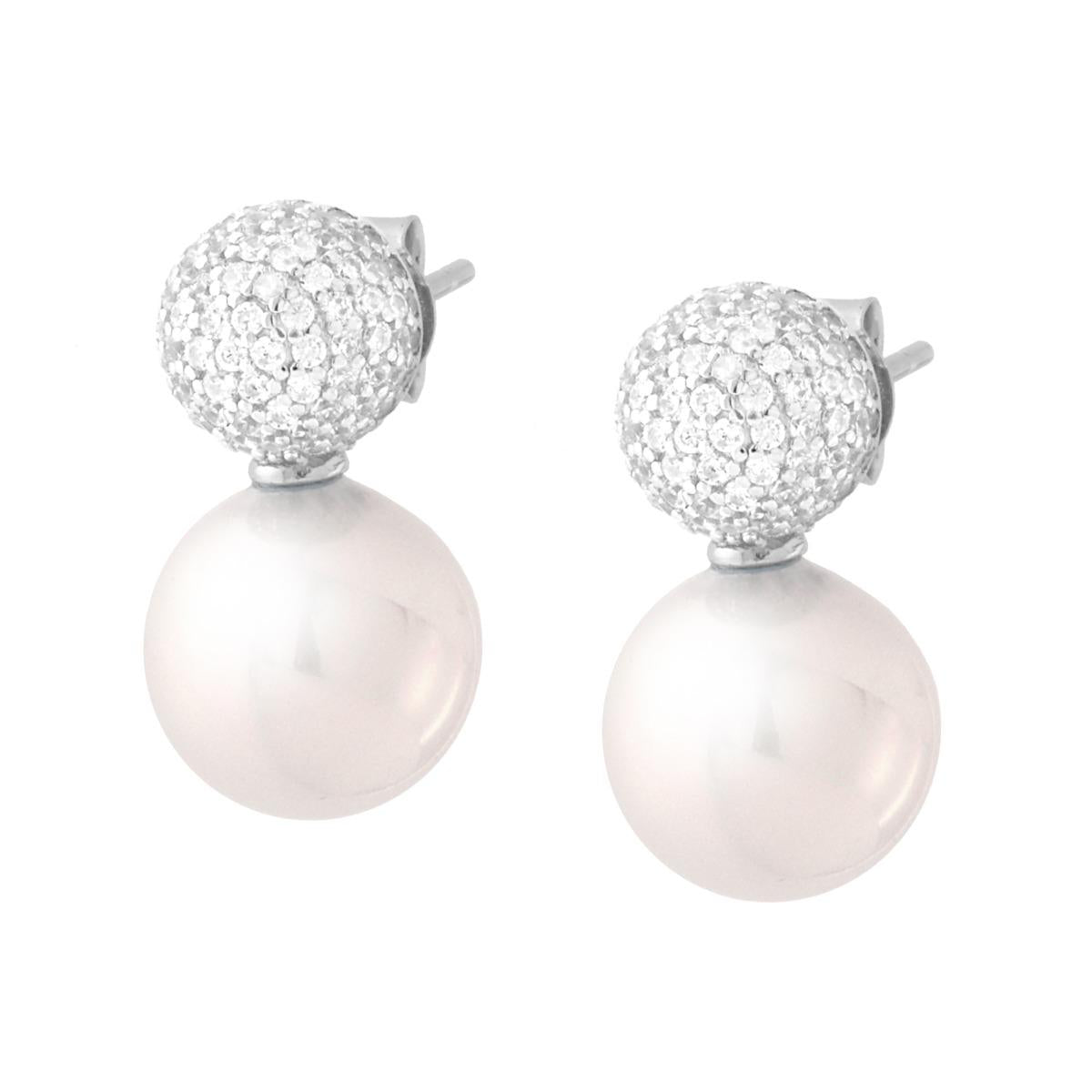 Orecchini Perla con Semisfera con Cubic Zirconia Bianchi in ARGENTO 925 Galvanica Rodio