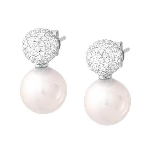 Orecchini Perla con Semisfera con Cubic Zirconia Bianchi in ARGENTO 925 Galvanica Rodio