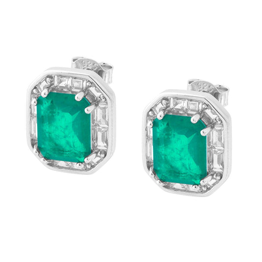 Orecchini Rettangolo con Cubic Zirconia Bianchi Baguette e Pietra Naturale Verde Smeraldo in ARGENTO 925 Galvanica Rodio