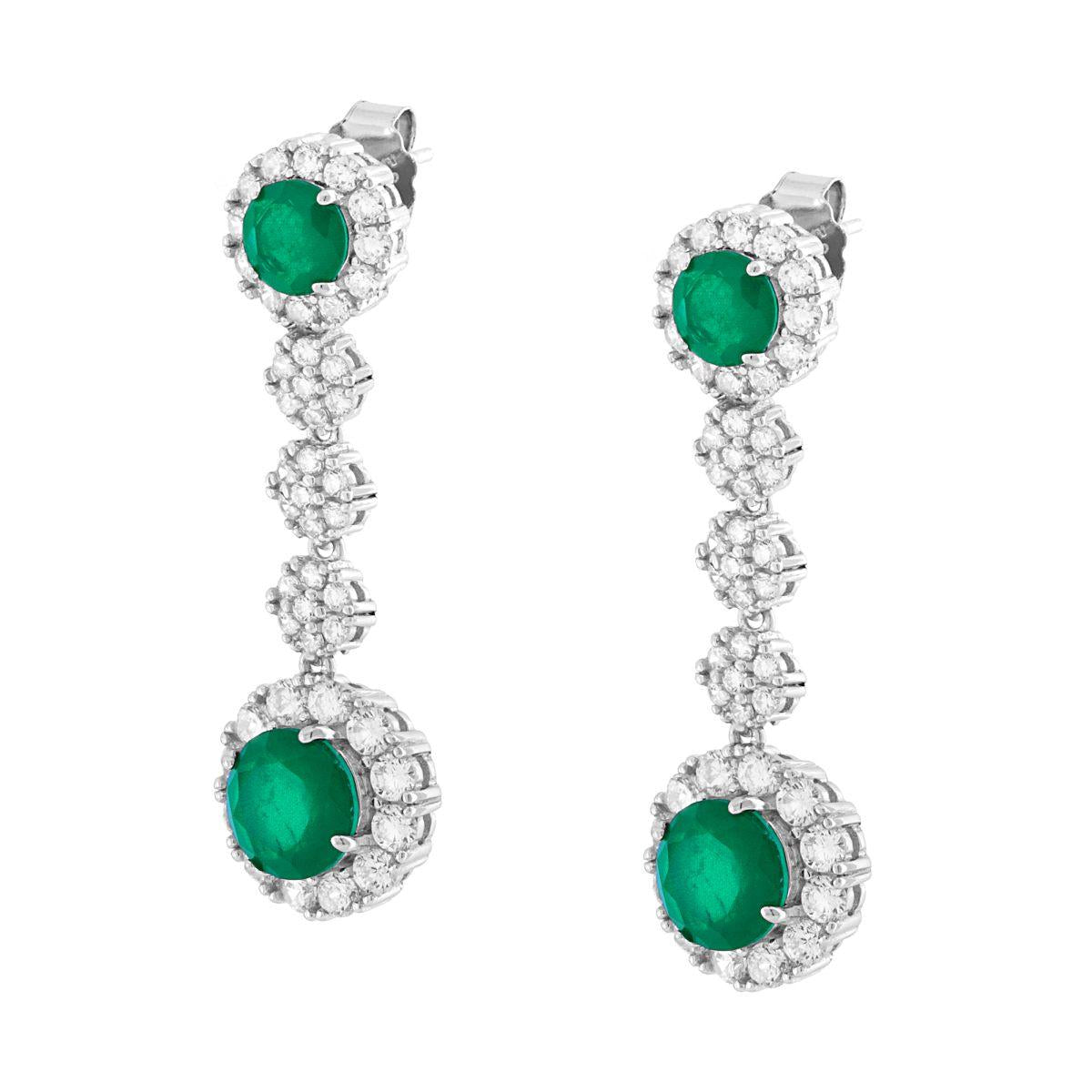 Orecchini con Tondi pendenti con Pietre Naturali Verde Smeraldo contornate da Cubic Zirconia Bianchi in ARGENTO 925 Galvanica Rodio