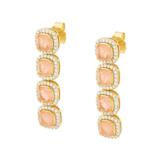 Orecchini Quadrati pendenti con Pietre Naturali Rosa Cipria contornate da Cubic Zirconia Bianchi in ARGENTO 925 Galvanica Oro