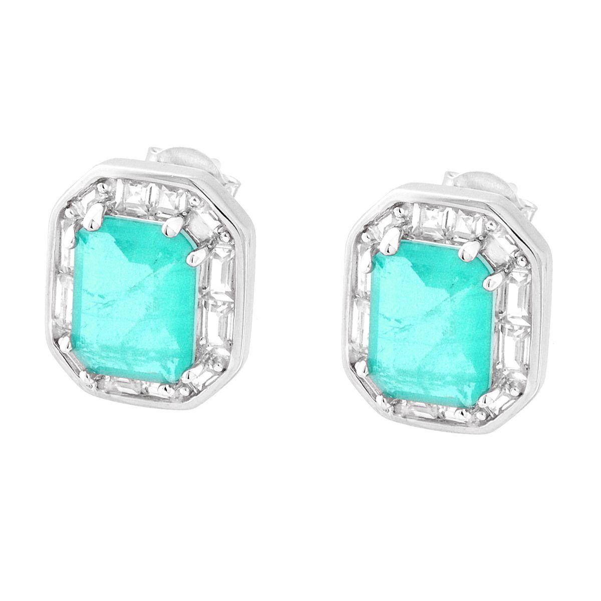 Orecchini Rettangolo con Cubic Zirconia Bianchi Baguette e Pietra Naturale Acquamarina in ARGENTO 925 Galvanica Rodio