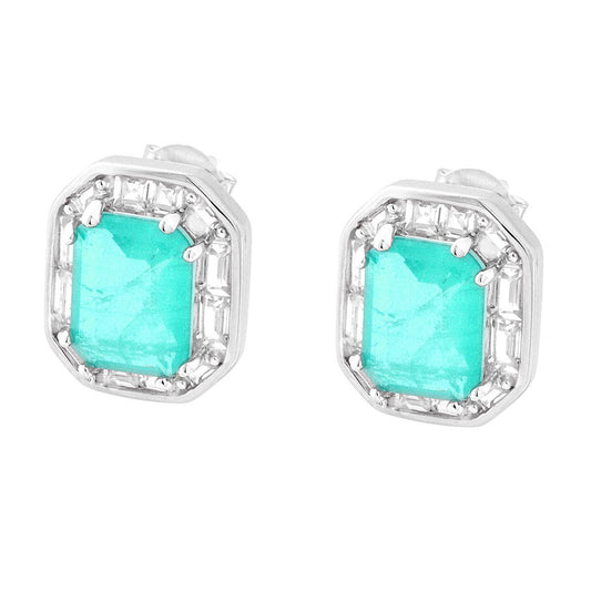 Orecchini Rettangolo con Cubic Zirconia Bianchi Baguette e Pietra Naturale Acquamarina in ARGENTO 925 Galvanica Rodio