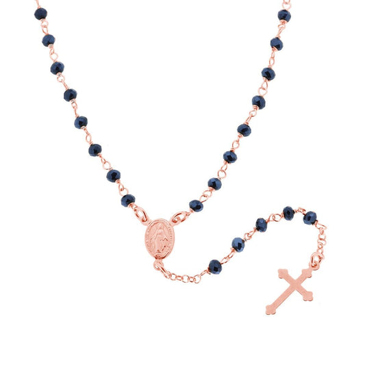 Collana Rosario cm 50 con Grani in Crystal colore Blu Avion mm 3.5 in ARGENTO 925 Galvanica Rosa