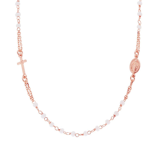 Collana Rosario modello Girocollo cm 50 con Grani mm 3.5 Crystal Bianchi in ARGENTO 925 Galvanica Rosa