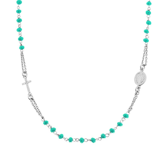 Collana Rosario modello Girocollo cm 50 con Grani mm 3.5 Crystal Verde Boreale in ARGENTO 925 Galvanica Rodio