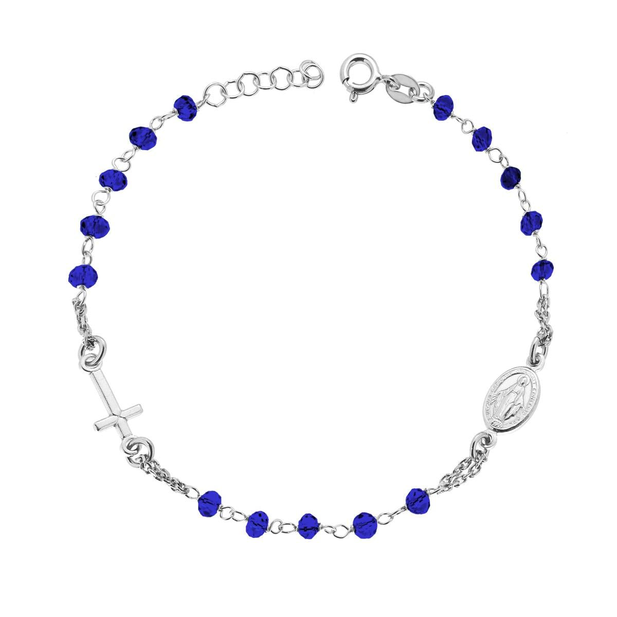 Bracciale Rosario cm 18+2 con Grani in Crystal colore Blu Elettrico mm 3.5 in ARGENTO 925 Galvanica Rodio