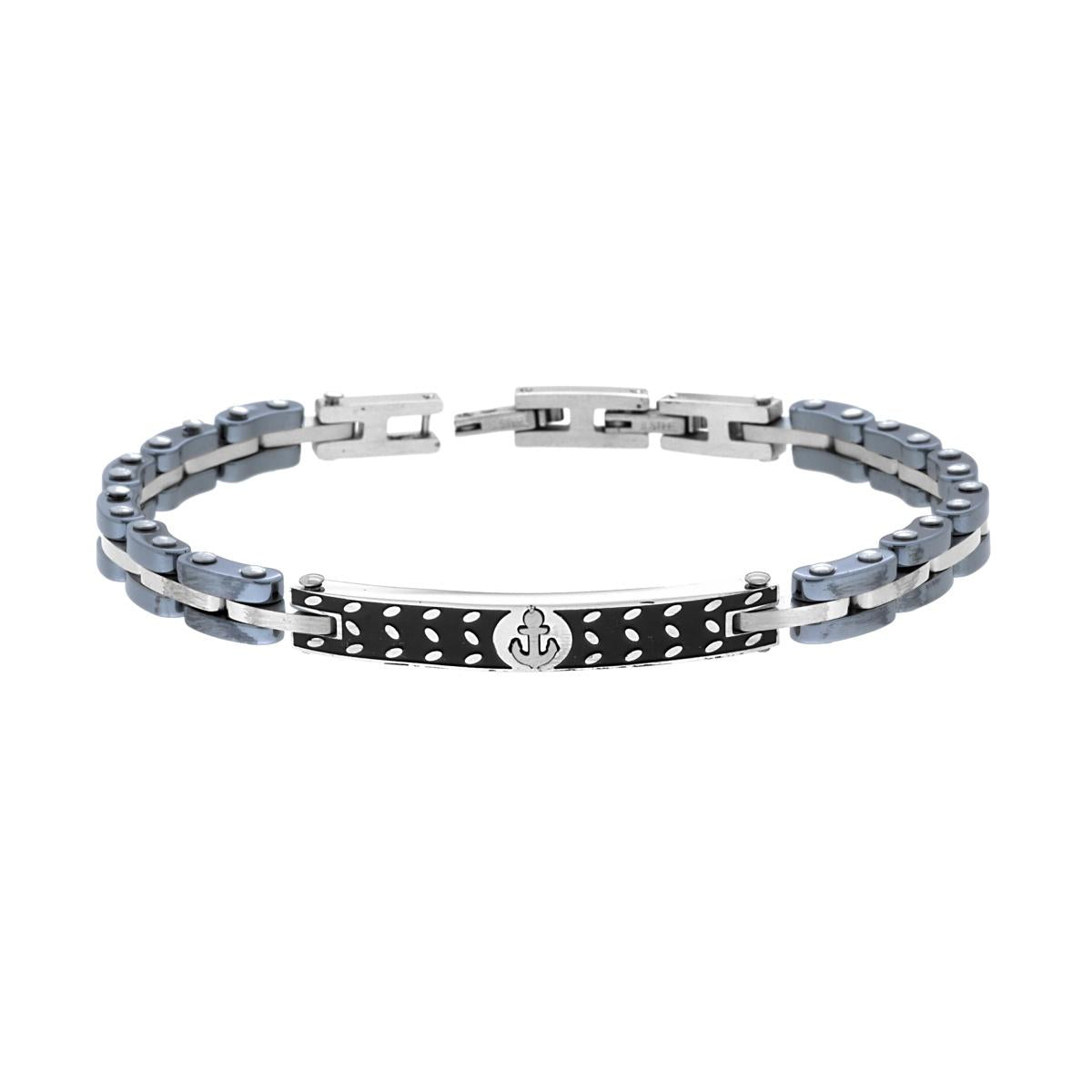 Bracciale Uomo Catena Imperniata in Ceramica Antracite con Targa Smalto Nero e Ancora in ACCIAIO