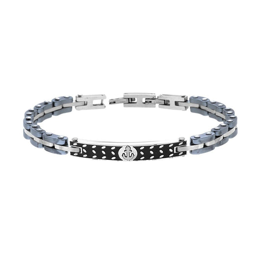 Bracciale Uomo Catena Imperniata in Ceramica Antracite con Targa Smalto Nero e Ancora in ACCIAIO