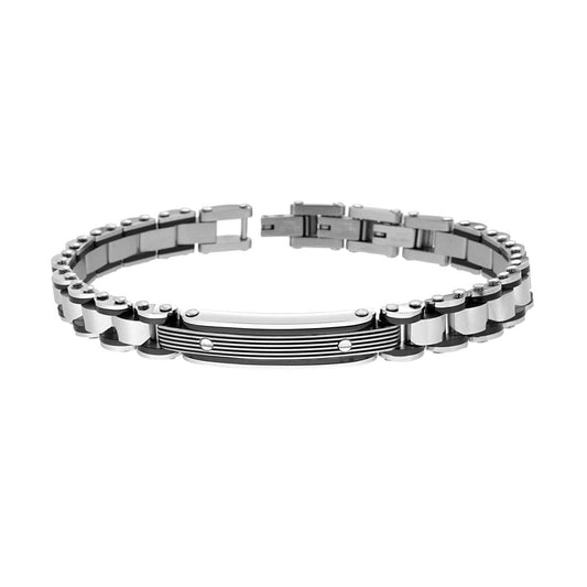 Bracciale Uomo Catena Imperniata dettagli colore Nero con Targa in ACCIAIO