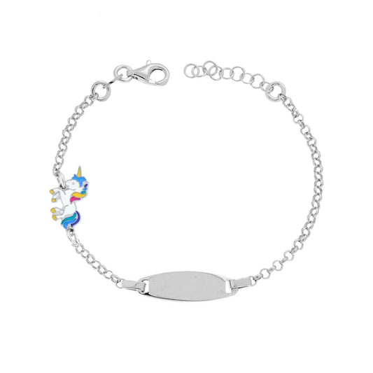 Bracciale Catena Rolo Diamantata Bimbo Bimba con Targa Ovale e Unicorno smalto Multicolor Rainbow in ARGENTO 925 Galvanica Rodio