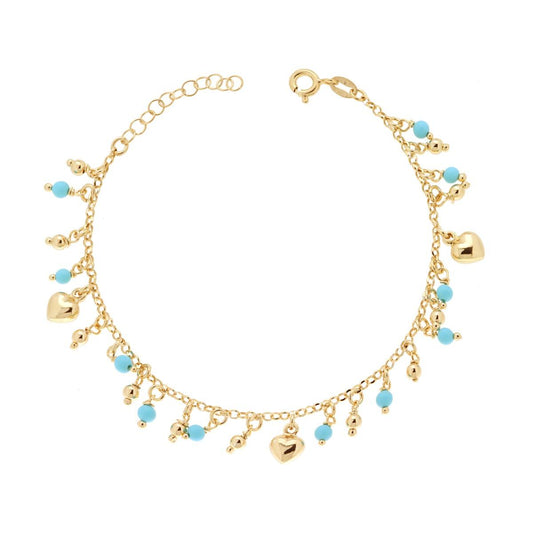 Bracciale Catena Rolo Diamantata con Palline Turchese e Cuori pendenti in ARGENTO 925 Galvanica Oro