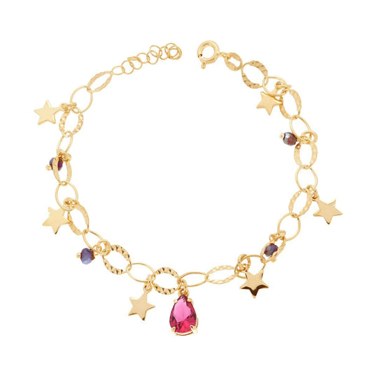 Bracciale Catena Ovali Diamantati con Crystal e Cubic Zirconia Goccia Rosso Rubino e Stelle plain pendenti in ARGENTO 925 Galvanica Oro