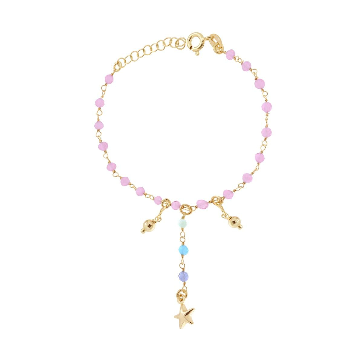 Bracciale Catena con Crystal Rosa e Stella Bombata Palline pendenti in ARGENTO 925 Galvanica Oro